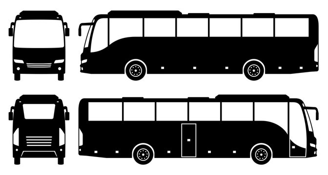Tourist bus silhouette on white background. Vehicle icons set view from side, front, and back