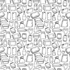 Product packaging Vector Seamless Pattern. Food and drink Packing. Hand Drawn doodle: cans and bottles, plastic boxes, cardboard and paper package blank objects
