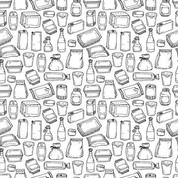 Product packaging Vector Seamless Pattern. Food and drink Packing. Hand Drawn doodle: cans and bottles, plastic boxes, cardboard and paper package blank objects
