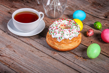 easter cake and easter eggs, traditional holiday design (happy easter) menu concept. food background. top view. copy space