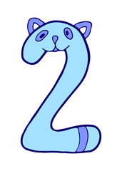 Number two with cat in doodles style. Kids font vector Illustration on a white background.