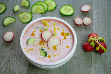 Spring cold soup made of radish, cucumbers and yogurt