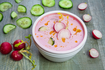 Spring cold soup made of radish, cucumbers and yogurt