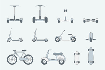 Eco transport Icons set - Vector color symbols of scooter, segway, monowheel, hoverboard, gyroscooter, bicycle and skateboard for the site or interface © Pavel-reDesign