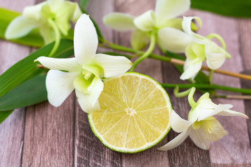 Tranche de citron vert et orchidée