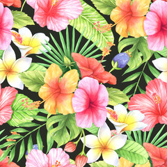 Seamless pattern tropical flower and leaves watercolor on black background.  Hand drawn floral object. Design for fabric, textile and wallpaper. Vector illustration.
