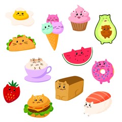Cat food kawaii cartoon character vector illustration. Cute funny cats desserts collection flat style isolated on white