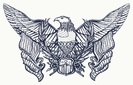 USA eagle and crossed American flags. Patriotic art. United states concept. Tattoo and t-shirt design