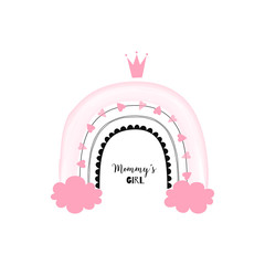 Princess rainbow with crown and clouds illustration. Pastel candy pink digital watercolor bow decorative doodle isolated on white background. Whimsical childish drawing for baby girl party design.