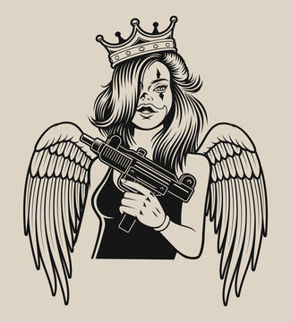 Vector illustration of a girl with a gun in tattoo chicano style