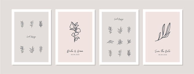 Card designs with eucalyptus and abstract leave twigs. Doodles and sketches vector illustration background, A6.
