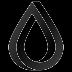 Impossible water drop icon. White vector optical illusion shape on black background.