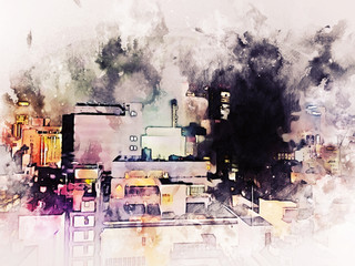 Abstract Building in Osaka city at night on watercolor painting background. City on Digital illustration brush to art.