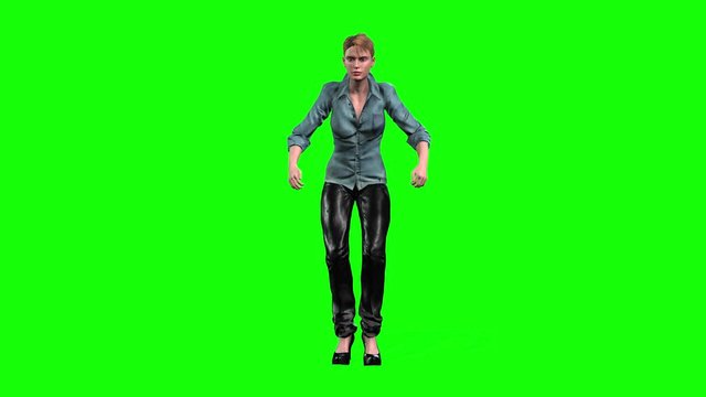 4K 3D animation of girl with short hair wearing black shiny trousers and grey shirt and stands and dances