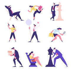 Set of Businesspeople Men and Women Playing Chess Strategy Game, Holding Banner on Demonstration, Search with Magnifying Glass, Fired from Job, Shoot with Gun Relaxing Cartoon Flat Vector Illustration