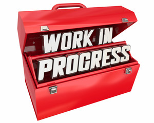 Work in Progress Under Construction Toolbox Words 3d Illustration - obrazy, fototapety, plakaty