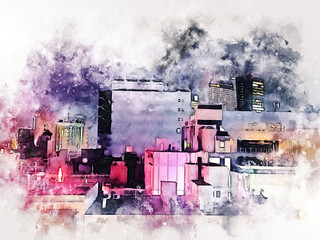 Abstract Building in Osaka city at night on watercolor painting background. City on Digital illustration brush to art