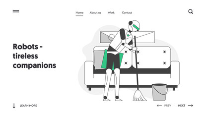 Website Landing Page. Cyborg Cleaner Sweeping Floor. Ai Helping in Housekeeping Domestic Chores and Housework. Electronics for Housewives Web Page Banner. Cartoon Flat Vector Illustration, Line Art