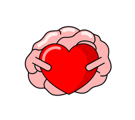 Cartoon human brain holding red heart. Internal organs.  Brain and heart concept.  emotions and rational thinking. Vector illustration isolated on white background.