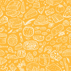 Hand Drawn Doodle various types of cheese: roquefort, parmesan, goat cheese, mozzarella, smoked gouda, blue cheese. Vector Seamless pattern.