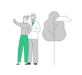 Senior People and Smart Devices Concept. Aged Couple Making Selfie on Nature Background. Elderly Man and Woman Have Fun Together Photographing on Mobile Phone Cartoon Flat Vector Illustration Line Art