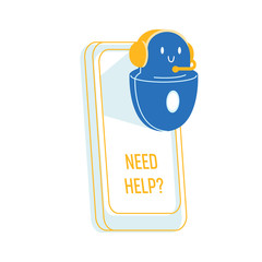 Robot Help User, Cute Friendly Ai Chatbot Customer Support and Online Consultation, Futuristic Innovation, Artificial Intelligence Digital Technology Assistance Cartoon Vector Illustration, Line Art
