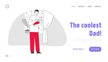 Single Father Raising Child Website Landing Page. Dad Feed Son with Bottle Holding Baby on Hands. Little Boy Having Breakfast with Daddy Web Page Banner. Cartoon Flat Vector Illustration, Line Art