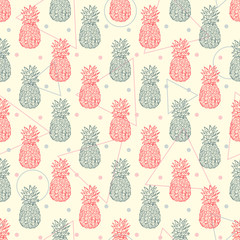 Exotic fruits wallpaper. Hand Drawn doodle Pineapple background. Abstract seamless pattern with pineapples and geometric shapes.