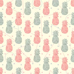 Washable wall murals Pineapple Exotic fruits wallpaper. Hand Drawn doodle Pineapple background. Abstract seamless pattern with pineapples and geometric shapes.