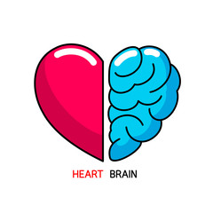 Heart and Brain concept, conflict between emotions and rational thinking, teamwork and balance between soul and intelligence. Icon design, vector illustration isolated on white background.