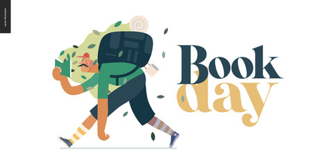 Wood design template -world Book Day graphics -book week events. Modern flat vector concept illustrations of reading people -man with mustache, cap, snickers and backpack in the forest reading a book