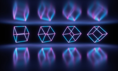 Fototapeta premium Blue and purple luminous fluorescent neon lights. Pure reflective dark metal surface. Sci Fi futuristic stage empty background. 3d rendering - illustration.Keywords language: English
