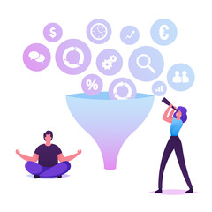 Businesswoman Looking through Spyglass on Huge Funnel with Various Business Icons Falling Down. Businessman Meditating Sitting at Data Filter Tunnel. Creative Process Cartoon Flat Vector Illustration