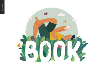 World Book Day graphics, grass -book week events. Modern flat vector concept illustrations of reading people -a brunette man laying down in the grass, reading a book