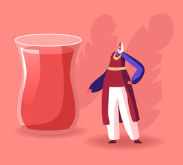 Woman in Turkish Costume Stand at Huge Glass with Traditional Turkey Tea. National Oriental Cuisine, Drinks and Food Concept. Restaurant or Cafe Menu, Gourmet Choice Cartoon Flat Vector Illustration