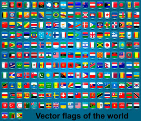 Set of flags of countries around the world on a blue background. Icons for websites. The glass effect and transparency. Complete collection. Vector graphics.