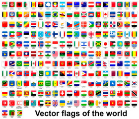 Set of flags of countries around the world on a white background. Icons for websites. The glass effect and transparency. Complete collection. Vector graphics.