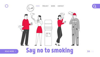 Smoking Addiction and Bad Unhealthy Habit Website Landing Page. Characters Stand near Water Cooler Drinking Coffee and Smoke Cigarettes Web Page Banner. Cartoon Flat Vector Illustration, Line Art