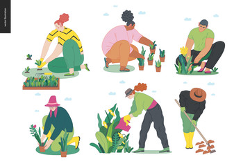 Gardening people set, spring -modern flat vector concept illustration of diverse people -men and women, doing hobby garden work -watering, planting, cutting, hoeing, arranging Spring gardening concept