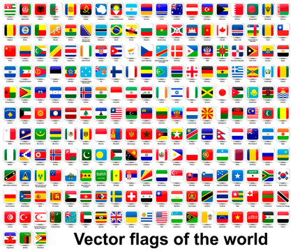 Set of flags of countries around the world on a white background. Icons for websites. The glass effect and transparency. Complete collection. Vector graphics.