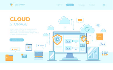 Cloud Storage. Online cloud computing, network hosting, services. Computer, phone, tablet, server, personal information, clouds. Can use for web banner, landing page, web template. Vector illustration