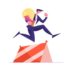 Obraz premium Business Man Character Jumping over Barrier Holding Huge Glowing Light Bulb in Hand. Businessman Fight for Leadership, Creative Idea Startup Project, Successful Leader Cartoon Flat Vector Illustration