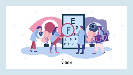 Medical ophthalmologist eyesight test. Doctor check patient visual acuity health with eye chart. Vector web site design template. Landing page website concept illustration