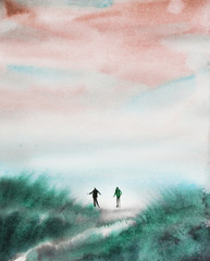 watercolor nature and landscape with people and sky 