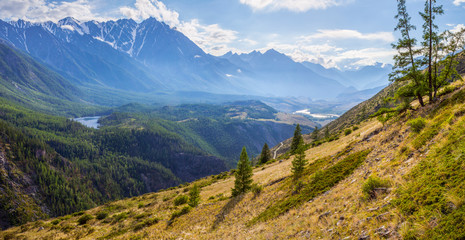 Scenic panoramic view of a mountain valley, summer in the Altai Mountains