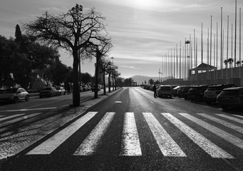 Crosswalks. The area of Lisbon is Belem. Portugal. Black and white