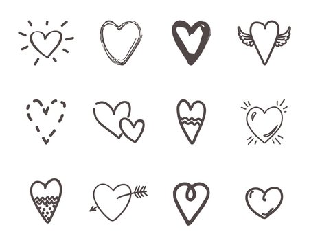 Hand drawn hearts. Outline scribble brush heart set. Doodle ink drawings love sketch. Vector minimalism rough pencil cute illustration hearts shape with wings or arrow