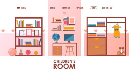 Children room furniture store, cozy home interior online modern design website, vector illustration. Landing page template for kids room furniture collection, flat style simple layout house apartment