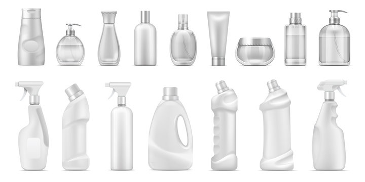 Realistic dispenser. Cosmetic containers and white blank cleaner bottles, 3D isolated toilet and bath household chemicals. Vector blank bottle set for detergents or cosmetic product