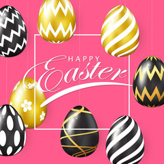 Beautifully arranged golden eggs With happy Easter greeting messages